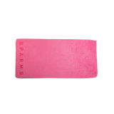 SPARMS | Pink Microfibre towel . A pink rectangular towel with the brand name 'SPARMS' printed vertically in a matching dark tone on the left edge, shown against a plain white background.
