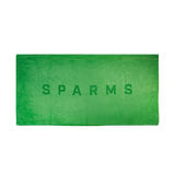 SPARMS | A rectangular green towel or mat with a distressed, textured surface, featuring the word 'SPARMS' printed in black capital letters across the center, set against a plain white background. Microfibre towel.