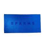 SPARMS | A rectangular blue towel or mat with a distressed, textured surface, featuring the word 'SPARMS' printed in black capital letters across the center, set against a plain white background. Microfibre towel.