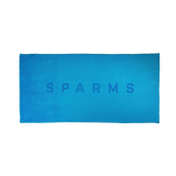 SPARMS | A rectangular blue towel or mat with a distressed, textured surface, featuring the word 'SPARMS' printed in black capital letters across the center, set against a plain white background. Microfibre towel.